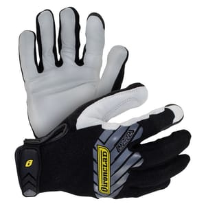 Work gloves with black and white leather design, featuring touch screen capability and a Velcro strap for secure fit.