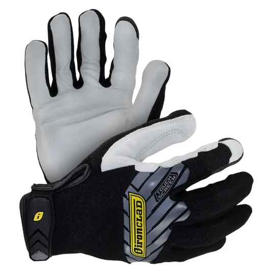 Work gloves with black and white leather design, featuring touch screen capability and a Velcro strap for secure fit.