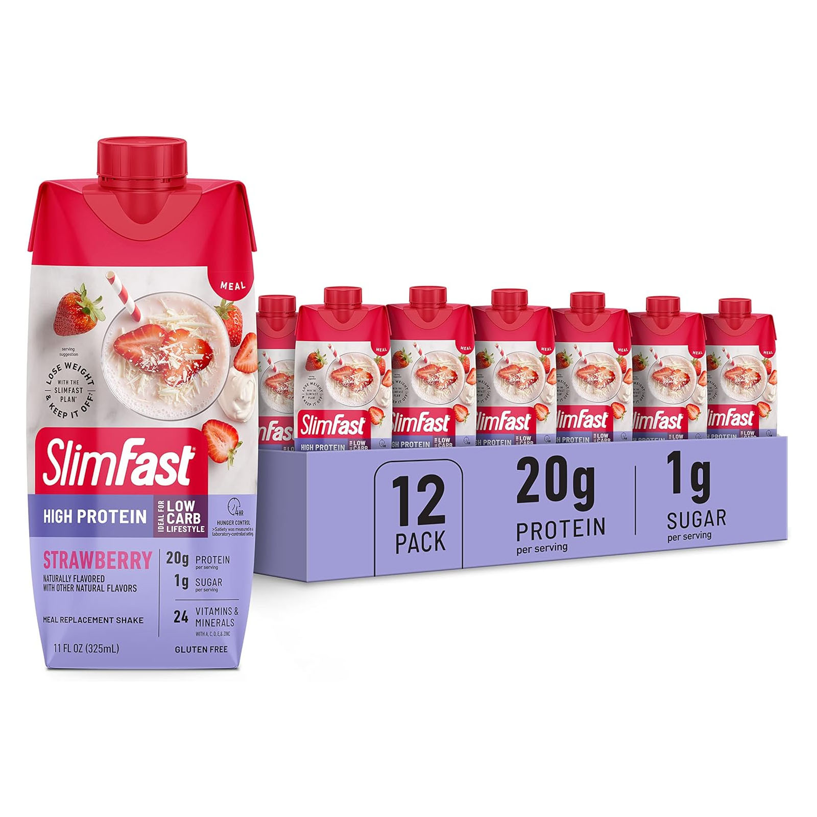 SlimFast High Protein Meal Replacement Shake in Strawberry flavor, a 12-pack, includes 20g protein and 1g sugar per serving, designed for a low-carb lifestyle.