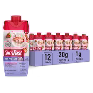 SlimFast High Protein Meal Replacement Shake in Strawberry flavor, a 12-pack, includes 20g protein and 1g sugar per serving, designed for a low-carb lifestyle.