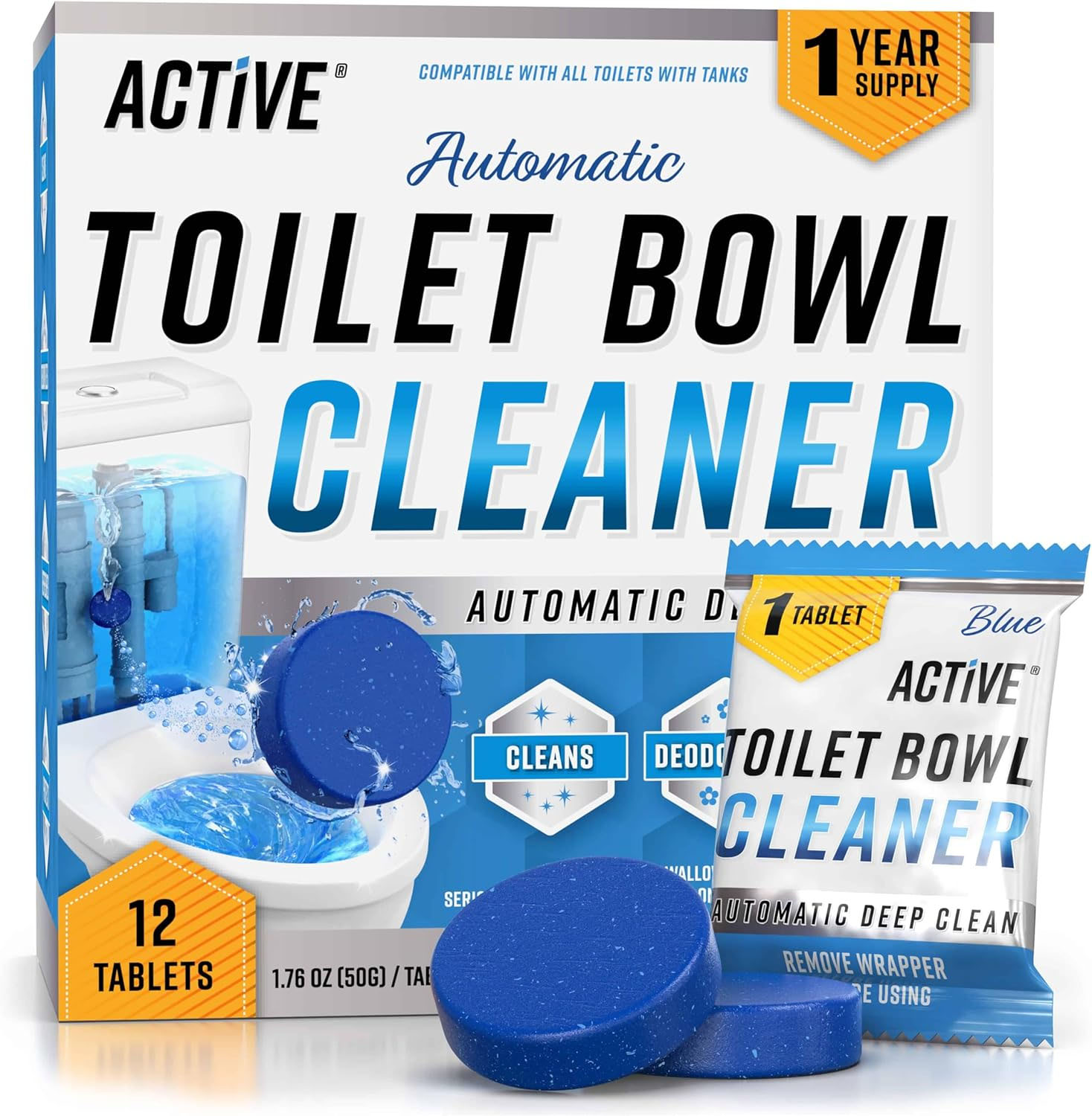 Active Automatic Toilet Bowl Cleaner Tablets come in a 12-pack, providing a one-year supply. These blue tablets clean and deodorize, compatible with all toilets with tanks. Each tablet weighs 1.76 oz (50g).
