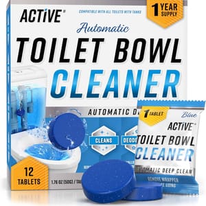 Active Automatic Toilet Bowl Cleaner Tablets come in a 12-pack, providing a one-year supply. These blue tablets clean and deodorize, compatible with all toilets with tanks. Each tablet weighs 1.76 oz (50g).
