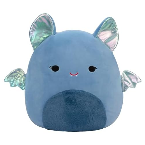 A blue plush toy shaped like a bat with shiny, multicolored metallic ears and wings. It has a friendly face with small, embroidered eyes and a tiny vampire smile.