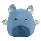 A blue plush toy shaped like a bat with shiny, multicolored metallic ears and wings. It has a friendly face with small, embroidered eyes and a tiny vampire smile.