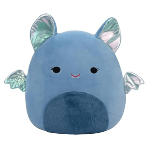 A blue plush toy shaped like a bat with shiny, multicolored metallic ears and wings. It has a friendly face with small, embroidered eyes and a tiny vampire smile.