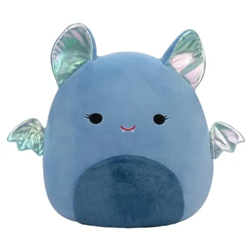 A blue plush toy shaped like a bat with shiny, multicolored metallic ears and wings. It has a friendly face with small, embroidered eyes and a tiny vampire smile.