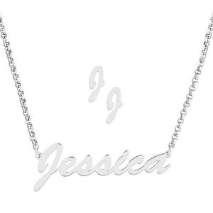 A silver necklace with the name \“Jessica\“ in cursive letters, accompanied by a pair of \“J\“ shaped earrings.