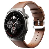 A smartwatch with a brown leather band, featuring a round display showing fitness stats like calories, steps, and heart rate.