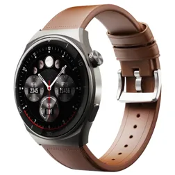 A smartwatch with a brown leather band, featuring a round display showing fitness stats like calories, steps, and heart rate.