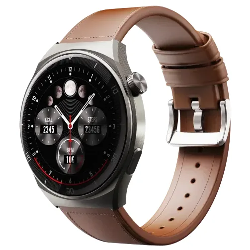 A smartwatch with a brown leather band, featuring a round display showing fitness stats like calories, steps, and heart rate.