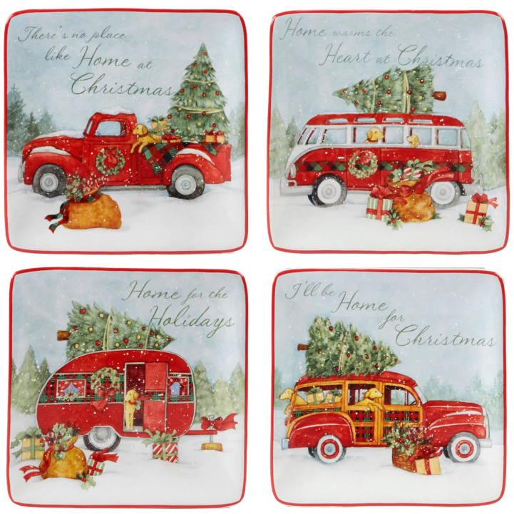 Four square holiday-themed plates featuring classic red vehicles, each carrying a Christmas tree with festive decorations and phrases like \“There's no place like home at Christmas\“ and \“I'll be home for Christmas.\“