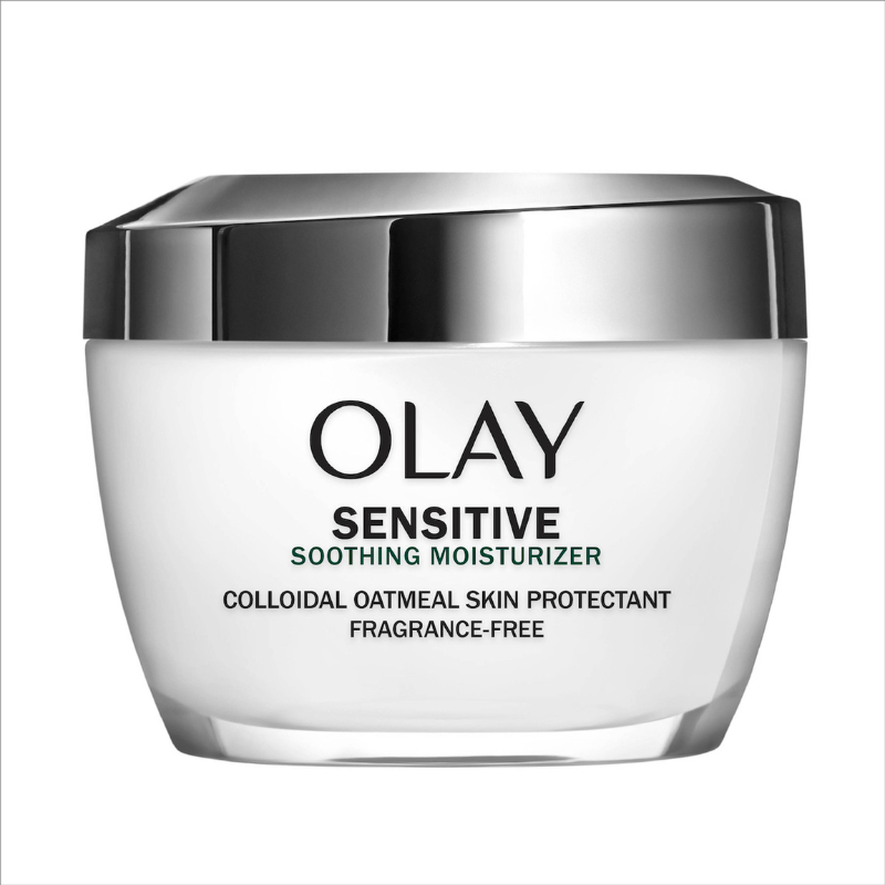 Olay Sensitive Soothing Moisturizer is a fragrance-free skin protectant featuring colloidal oatmeal, designed for sensitive skin. The jar has a sleek design with a metallic lid.