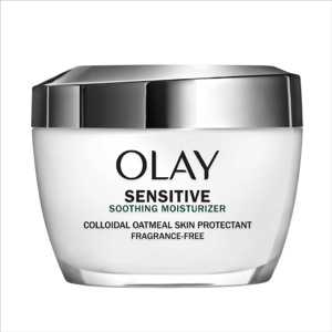 Olay Sensitive Soothing Moisturizer is a fragrance-free skin protectant featuring colloidal oatmeal, designed for sensitive skin. The jar has a sleek design with a metallic lid.