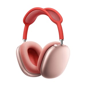 Red and pink over-ear headphones with cushioned ear cups and adjustable headband.