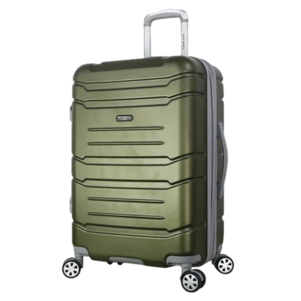 Olive green suitcase with a hard shell, telescopic handle, and four swivel wheels.