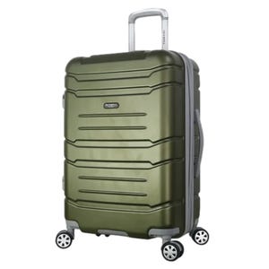 Olive green suitcase with a hard shell, telescopic handle, and four swivel wheels.