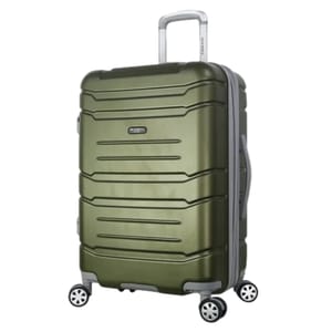 Olive green suitcase with a hard shell, telescopic handle, and four swivel wheels.