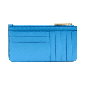 A blue cardholder with multiple slots and a zippered compartment, featuring gold hardware.
