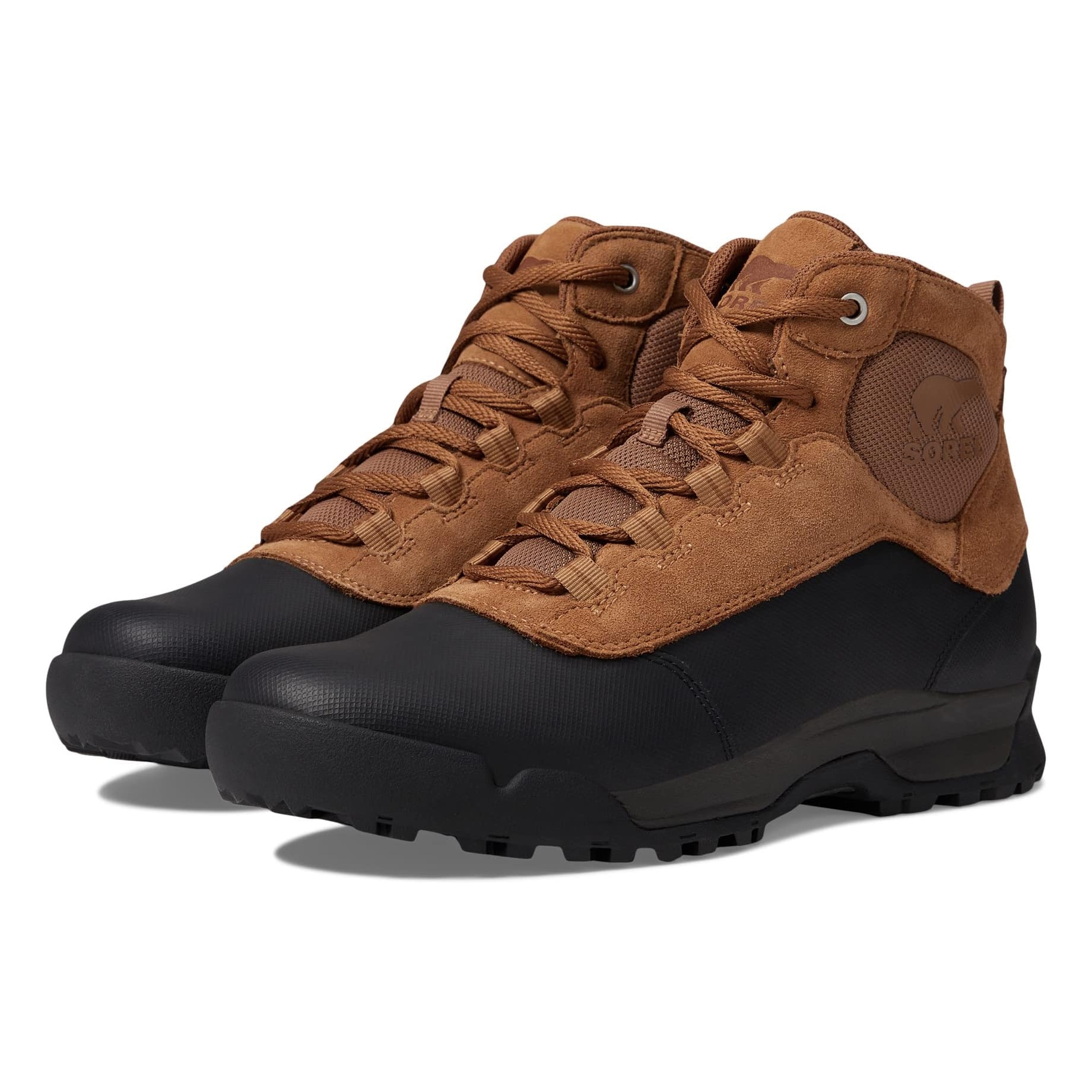 A pair of brown and black hiking boots with ankle support and rugged soles.