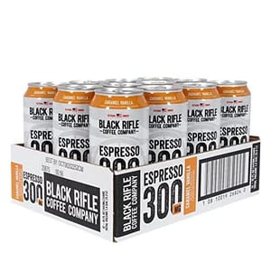 Black Rifle Coffee Company Espresso 300mg, Caramel Vanilla flavor, comes in a case of 12 cans.