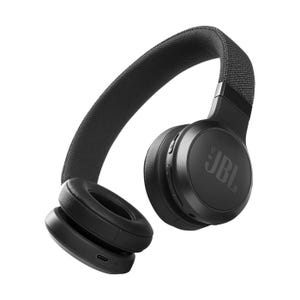 Black JBL over-ear wireless headphones with cushioned ear pads and a fabric-covered headband.