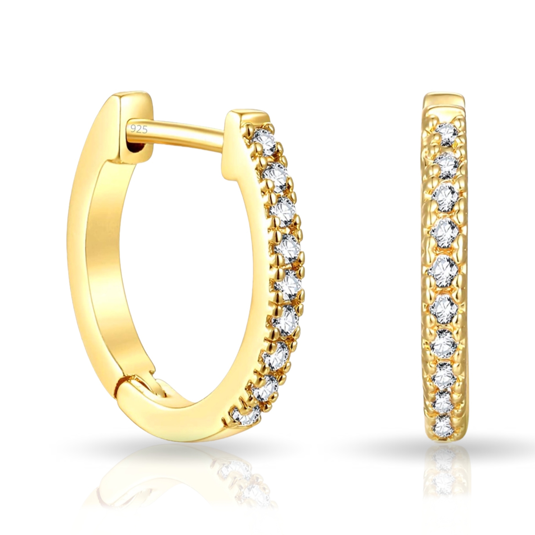 Gold hoop earrings with a row of small, sparkling gemstones set along the outer edge.