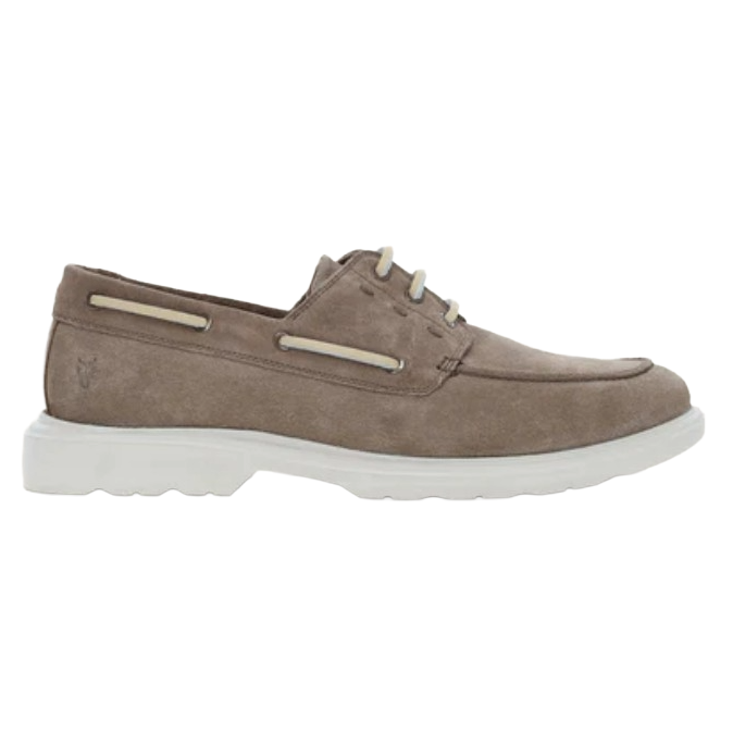 A taupe suede boat shoe with white laces and a white rubber sole.