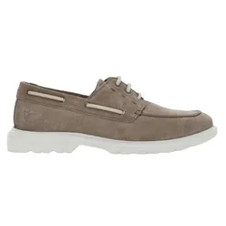 A taupe suede boat shoe with white laces and a white rubber sole.