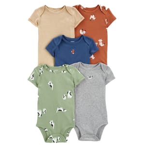 5-piece set of baby bodysuits featuring various prints: mustard with stripes, rust with foxes, blue with a small fox, green with cows, and gray with cows.
