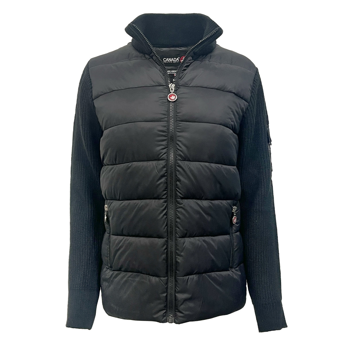 Black women's puffer jacket with a stand-up collar, zip front, and knitted sleeve panels, featuring a logo at the chest and arm.