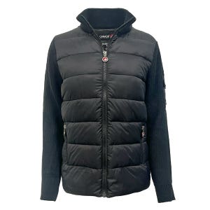Black women's puffer jacket with a stand-up collar, zip front, and knitted sleeve panels, featuring a logo at the chest and arm.