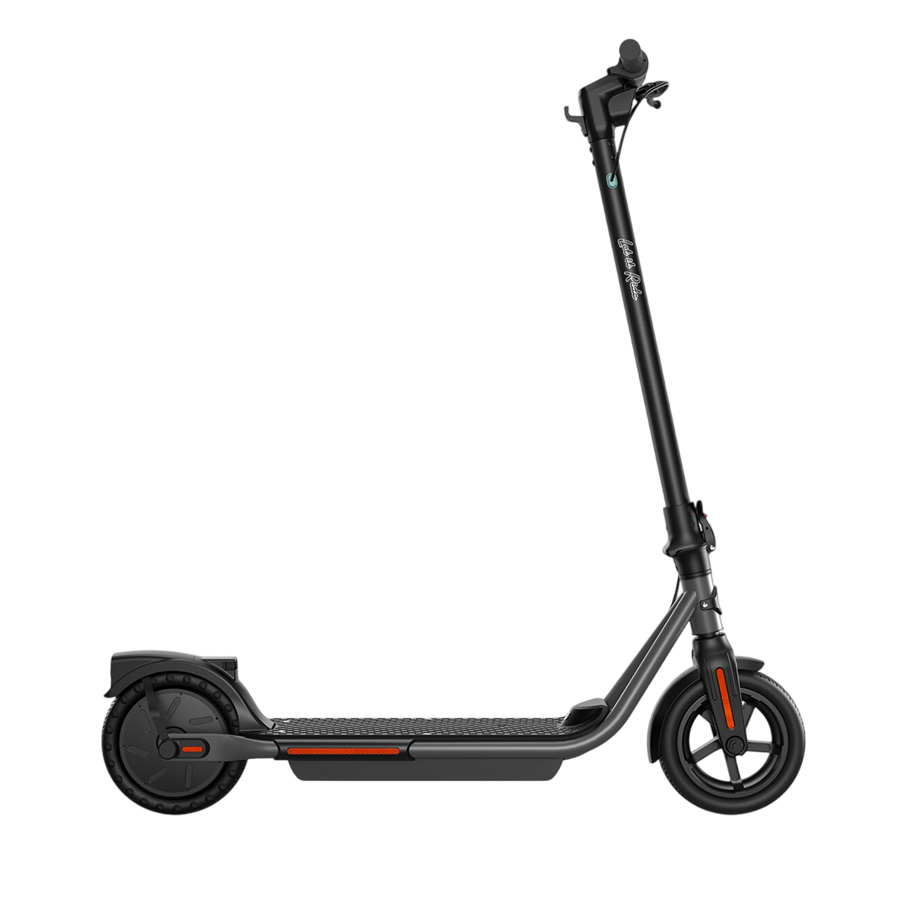 Electric scooter featuring a sleek black design with a textured deck, solid wheels, and a foldable handlebar.