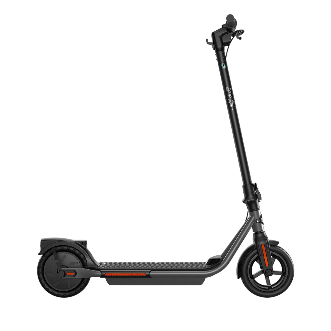Electric scooter featuring a sleek black design with a textured deck, solid wheels, and a foldable handlebar.