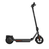Electric scooter featuring a sleek black design with a textured deck, solid wheels, and a foldable handlebar.