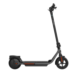 Electric scooter featuring a sleek black design with a textured deck, solid wheels, and a foldable handlebar.