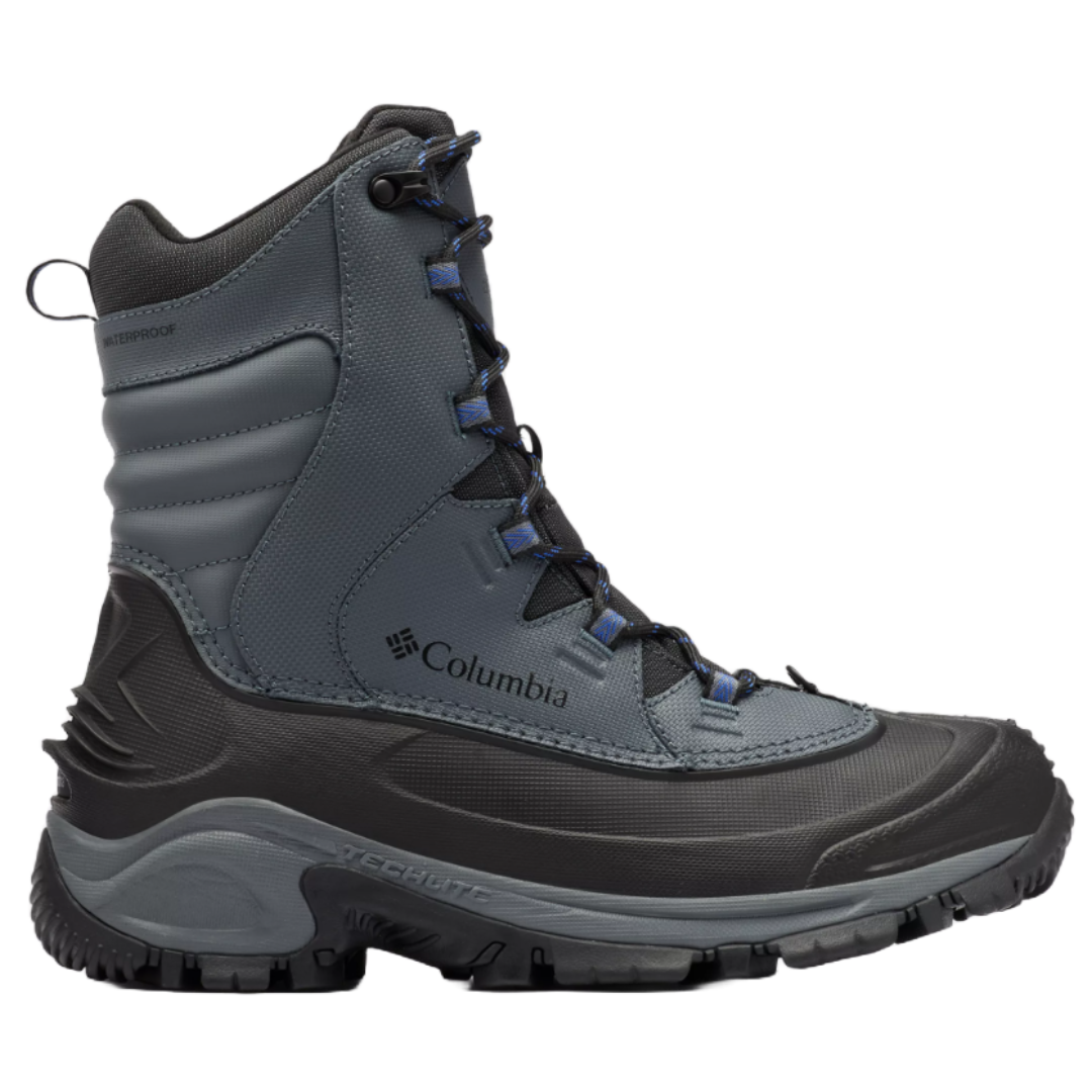Columbia Men's Bugaboot III Boots: Waterproof, high-cut gray boots with durable black soles, reinforced toe, and blue-accented lace loops designed for outdoor activities in cold weather.