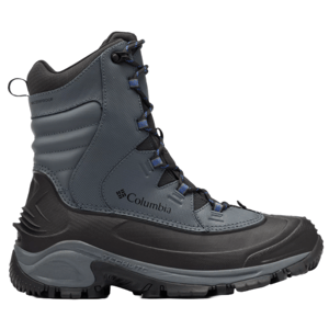 Columbia Men's Bugaboot III Boots: Waterproof, high-cut gray boots with durable black soles, reinforced toe, and blue-accented lace loops designed for outdoor activities in cold weather.
