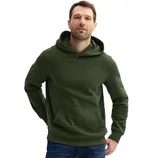 A man is wearing a green hoodie with a front pocket and blue jeans.