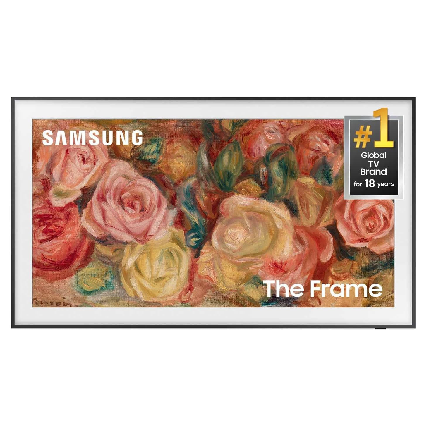 Samsung The Frame TV showcases an art display of colorful roses. The display includes a \“#1 Global TV Brand for 18 Years\“ badge.