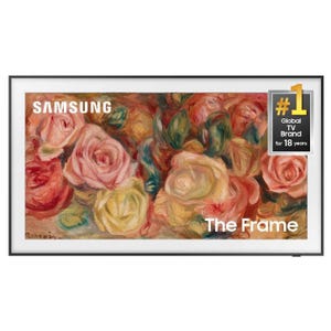 Samsung The Frame TV showcases an art display of colorful roses. The display includes a \“#1 Global TV Brand for 18 Years\“ badge.