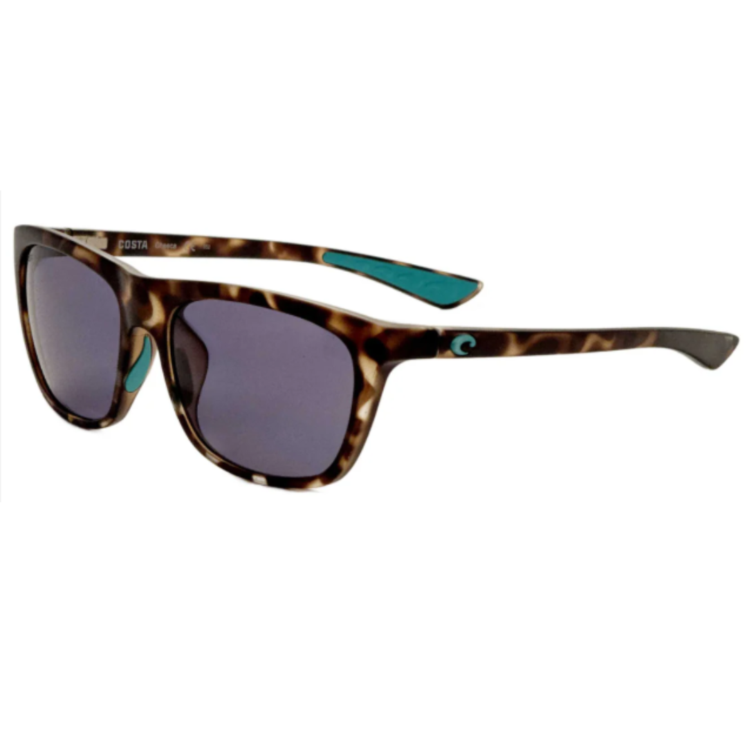 Tortoiseshell sunglasses with dark lenses and cyan accents featuring a square frame design.