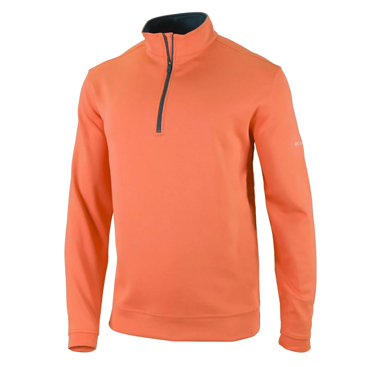 An orange quarter-zip pullover with long sleeves, featuring a small brand logo on the sleeve.