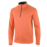An orange quarter-zip pullover with long sleeves, featuring a small brand logo on the sleeve.