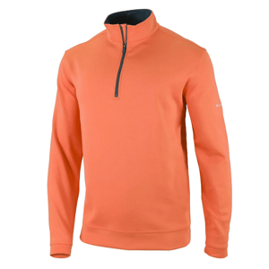 An orange quarter-zip pullover with long sleeves, featuring a small brand logo on the sleeve.
