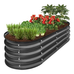 A raised garden bed with a black, corrugated metal design, showcasing planted herbs and vegetables, including rosemary, lettuce, and cherry tomatoes.