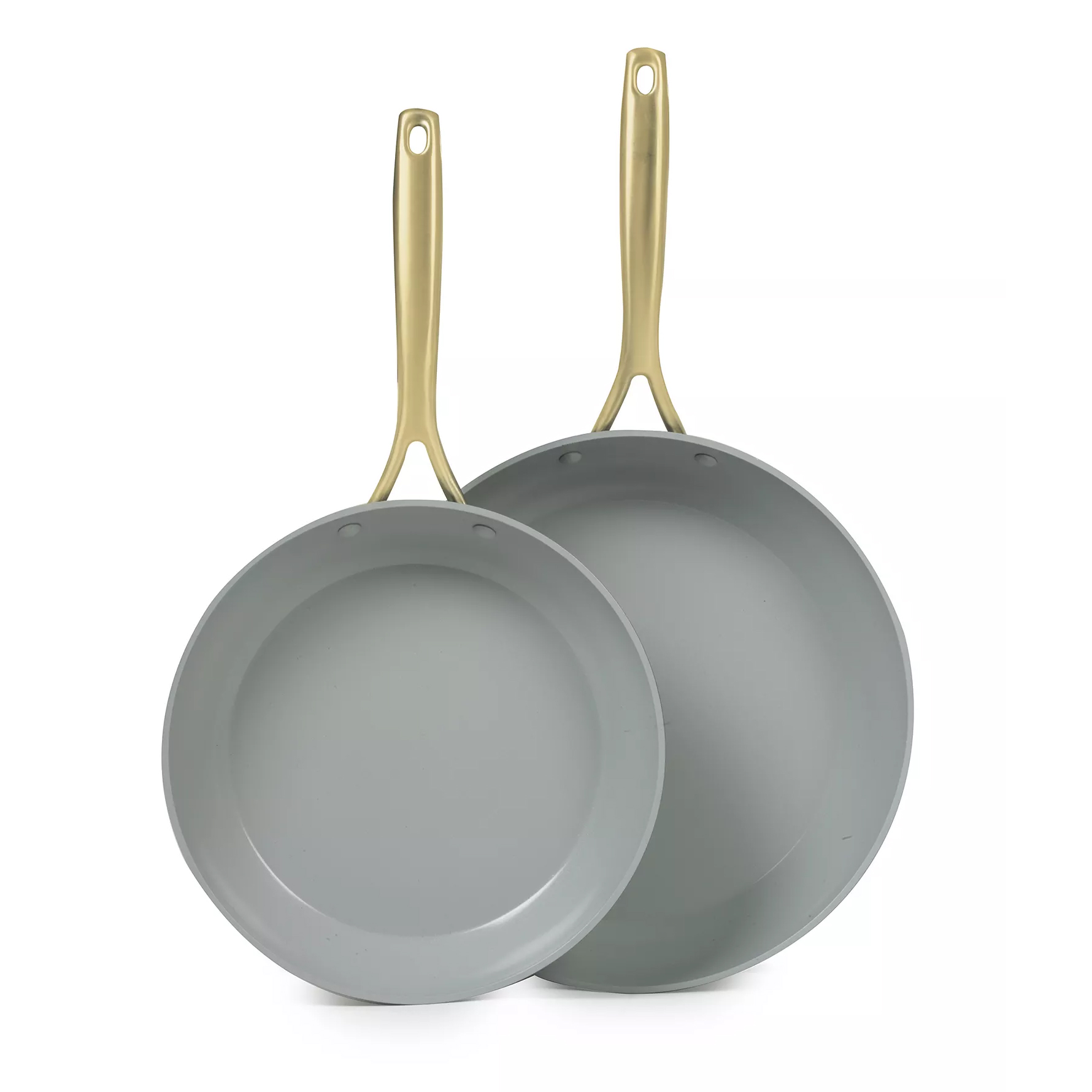 Two non-stick frying pans with gold-colored handles, featuring a smooth gray cooking surface.