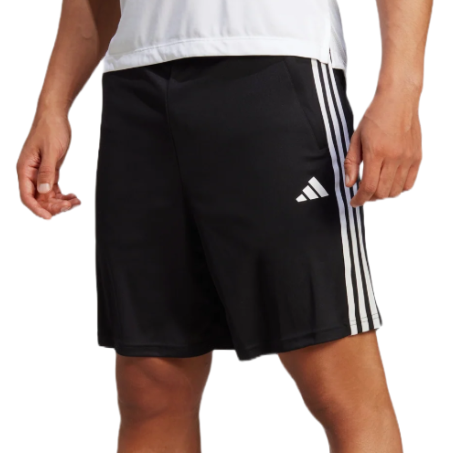 Black Adidas Men's Training Shorts with white stripes on the sides and the Adidas logo.