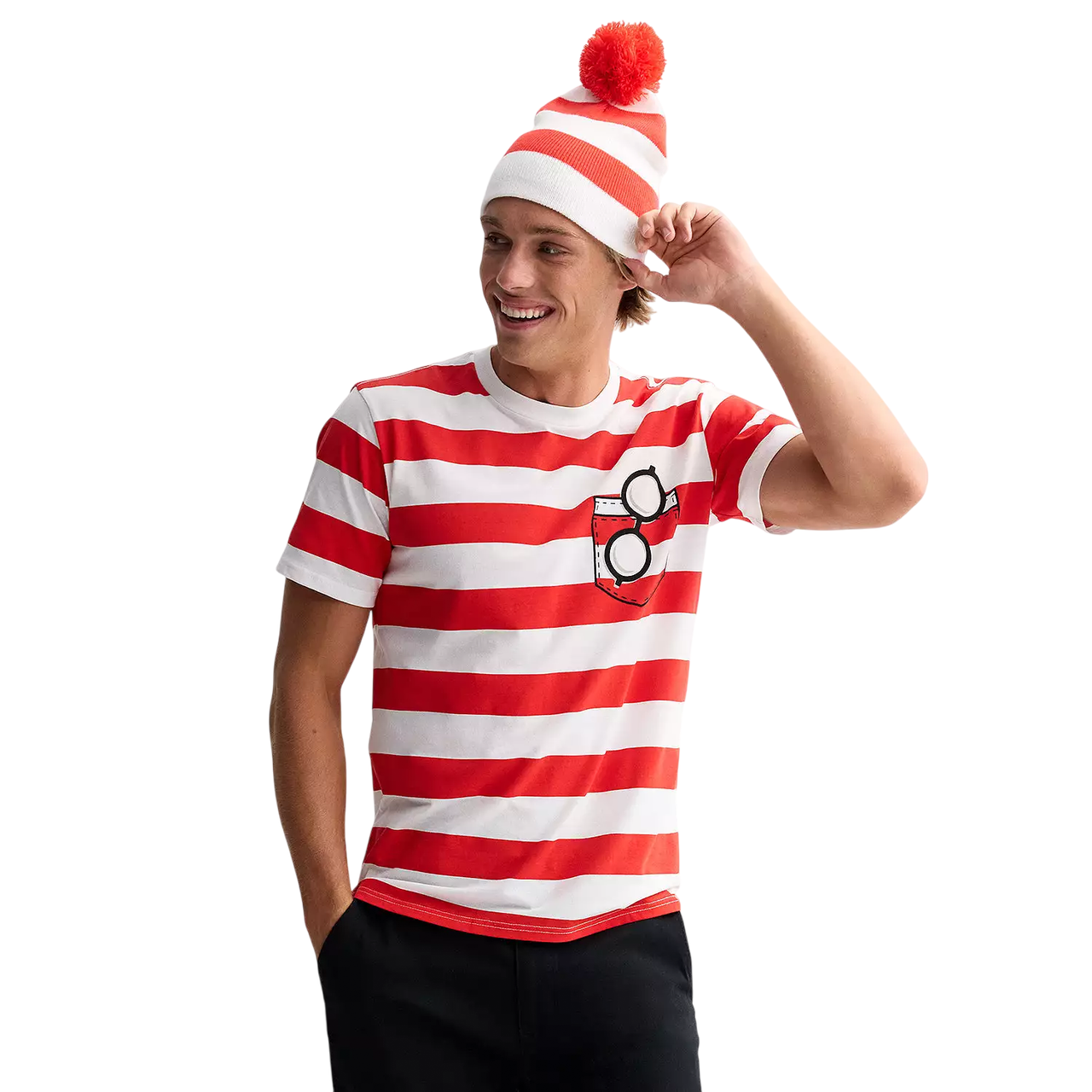 A person is wearing a red and white striped t-shirt with a pocket design featuring glasses and a matching beanie with a red pom-pom.