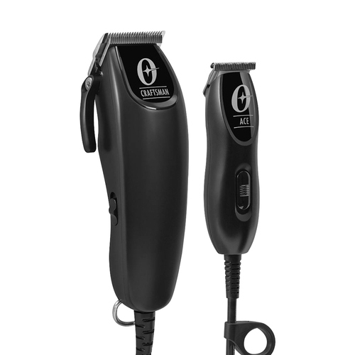 A black Oster clipper with adjustable lever, labeled \“Craftsman,\“ is accompanied by a smaller, narrow mini trimmer labeled \“Ace,\“ both designed for hair grooming with cords attached.