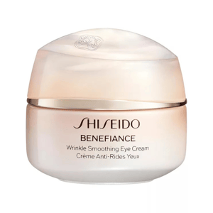 Shiseido Benefiance Wrinkle Smoothing Eye Cream is designed to reduce the appearance of wrinkles around the eyes. It comes in a round, light-colored jar with a gold accent.